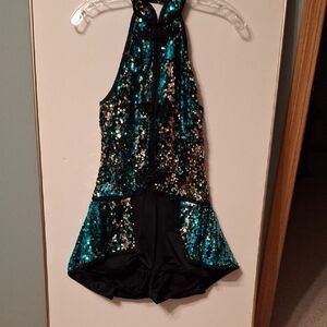 Skating Or Dance Teal, Black & Gold parkling Sequin One Piece Dress.
